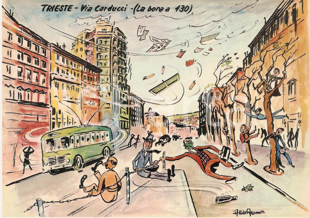 Cartolina originale da collezione 1965 TRIESTE La bora in Via Carducci Cartolina Illustrata Aldo ARONNE 1