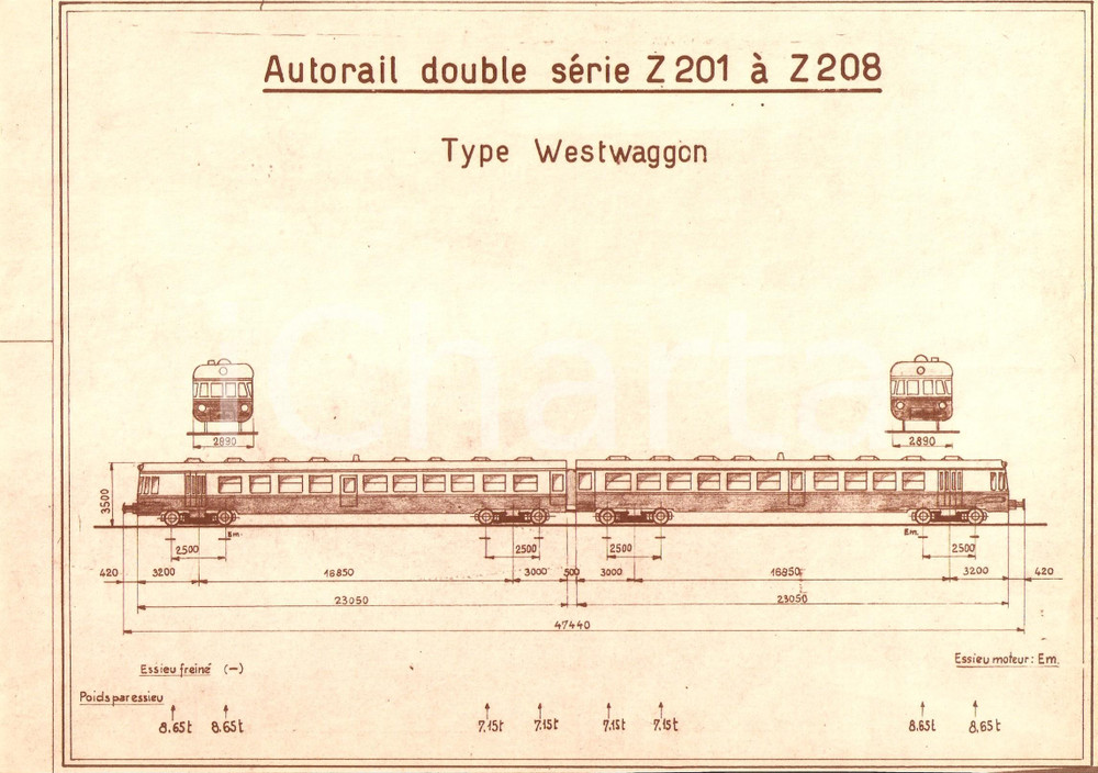 Stampa, bozzetto originale 1970 TRENI Autorail double serie Z201  Z208 Type WESTWAGGON Stampa eliografica 1