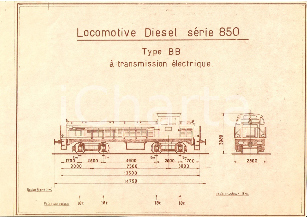 Stampa, bozzetto originale 1970 TRENI Locomotive diesel serie 850 Type BB Stampa eliografica 29x20 1