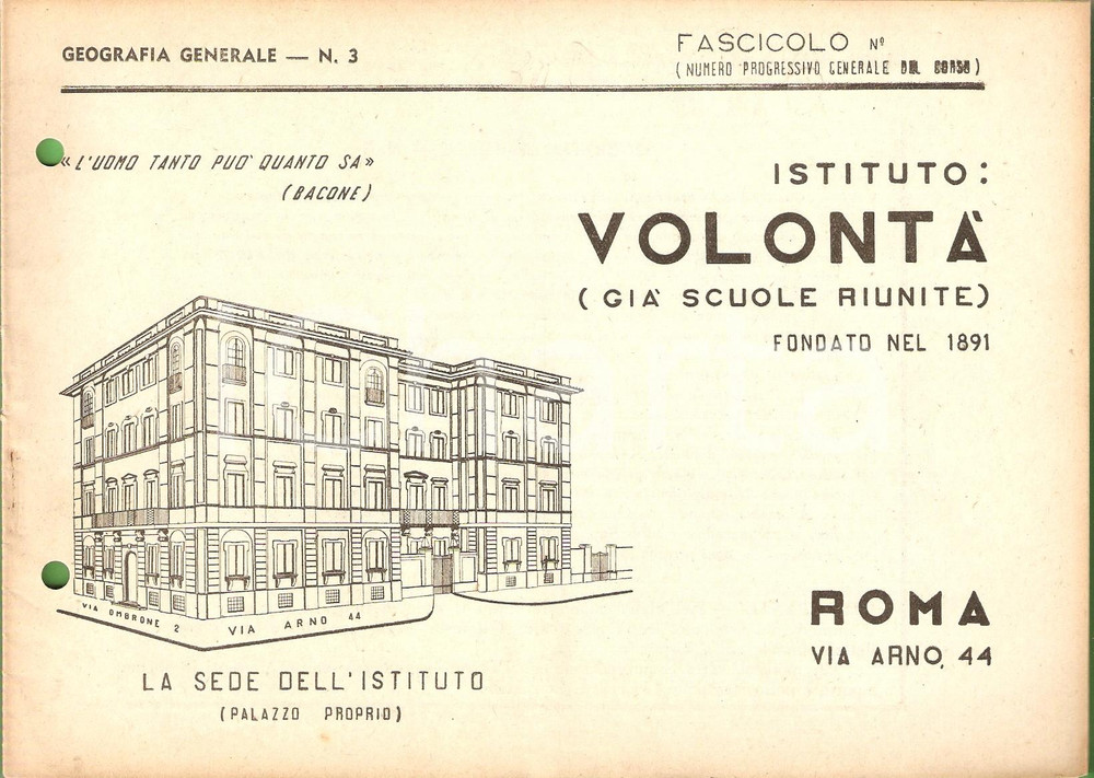 Materiale pubblicitario d’epoca 1955 ca ROMA Istituto VOLONTA  Corso Geografia generale Fascicolo n.3 1