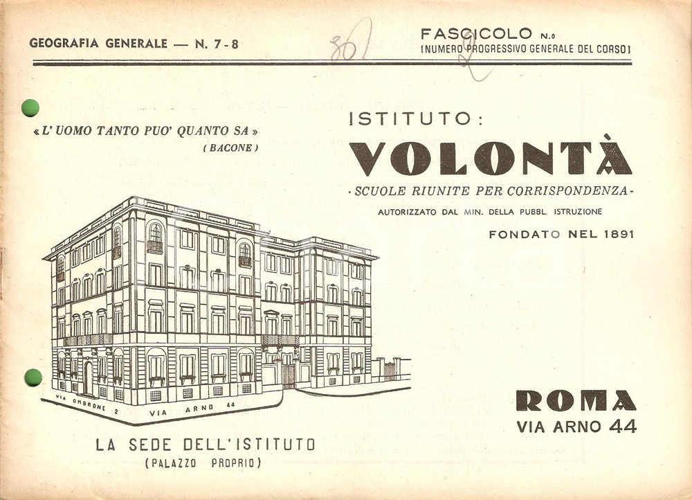 Materiale pubblicitario d’epoca 1955 ca ROMA Istituto VOLONTA  Corso Geografia generale Fascicolo n.78 1