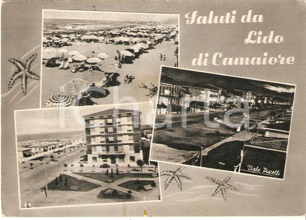 Cartolina originale da collezione 1959 LIDO DI CAMAIORE LU Vedute con Viale Pistelli e spiaggia Cartolina FG VG 1