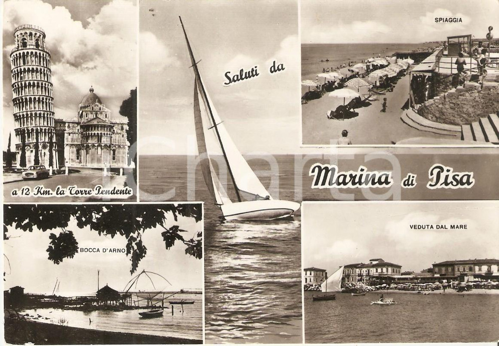 1962 MARINA DI PISA Vedutine con Bocca d'Arno e barca a vela *Cartolina FG NV