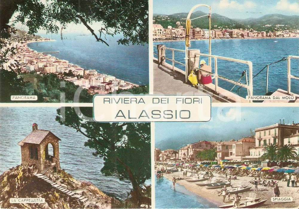 Cartolina originale da collezione 1965 ca ALASSIO SV Vedutine con signora seduta sul molo Cartolina FG VG 1