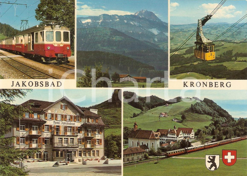 Cartolina originale da collezione 1980 ca JAKOBSBAD  KRONBERG Vedutine con treno e funivia Cartolina FG NV 1