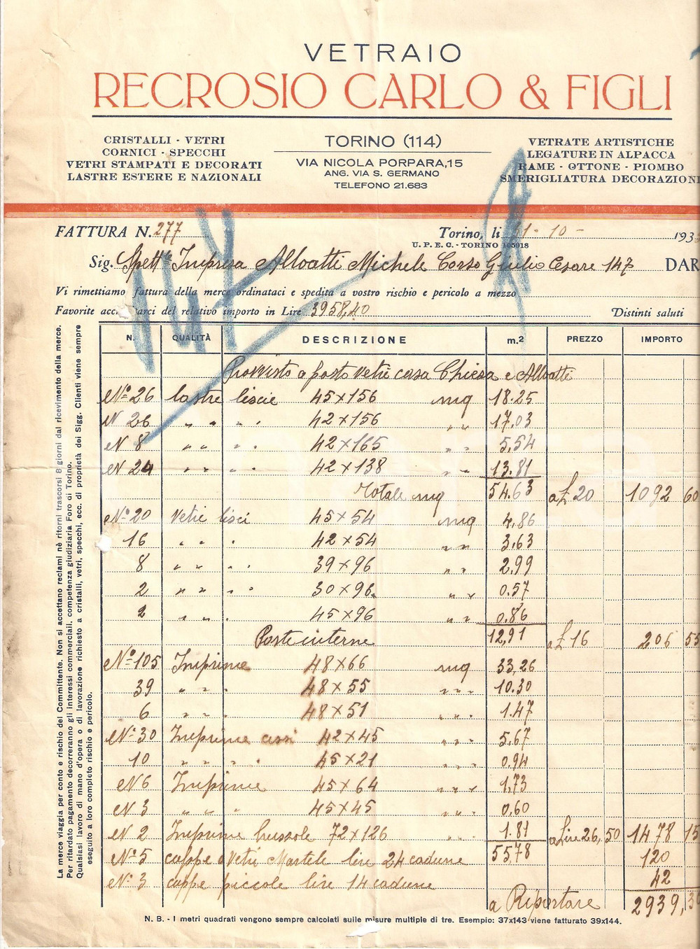 Documento originale, autentico 1935 TORINO Vetraio Carlo RECROSIO Cristalli Vetrate artistiche Fattura 22x27 1