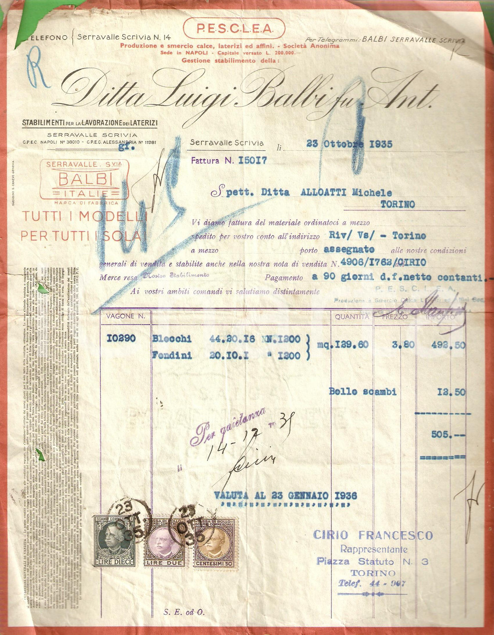 Documento originale, autentico 1935 SERRAVALLE SCRIVIA AL Ditta Luigi BALBI laterizi calce Fattura 21x28 cm 1