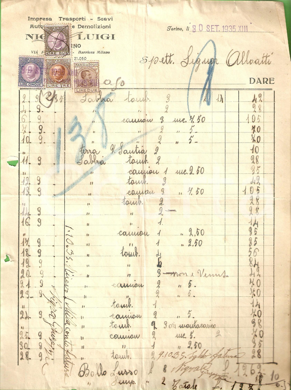 Oggetto da collezione cartaceo 1935 TORINO Luigi NIGRA Scavi e demolizioni Fattura 21x28 1