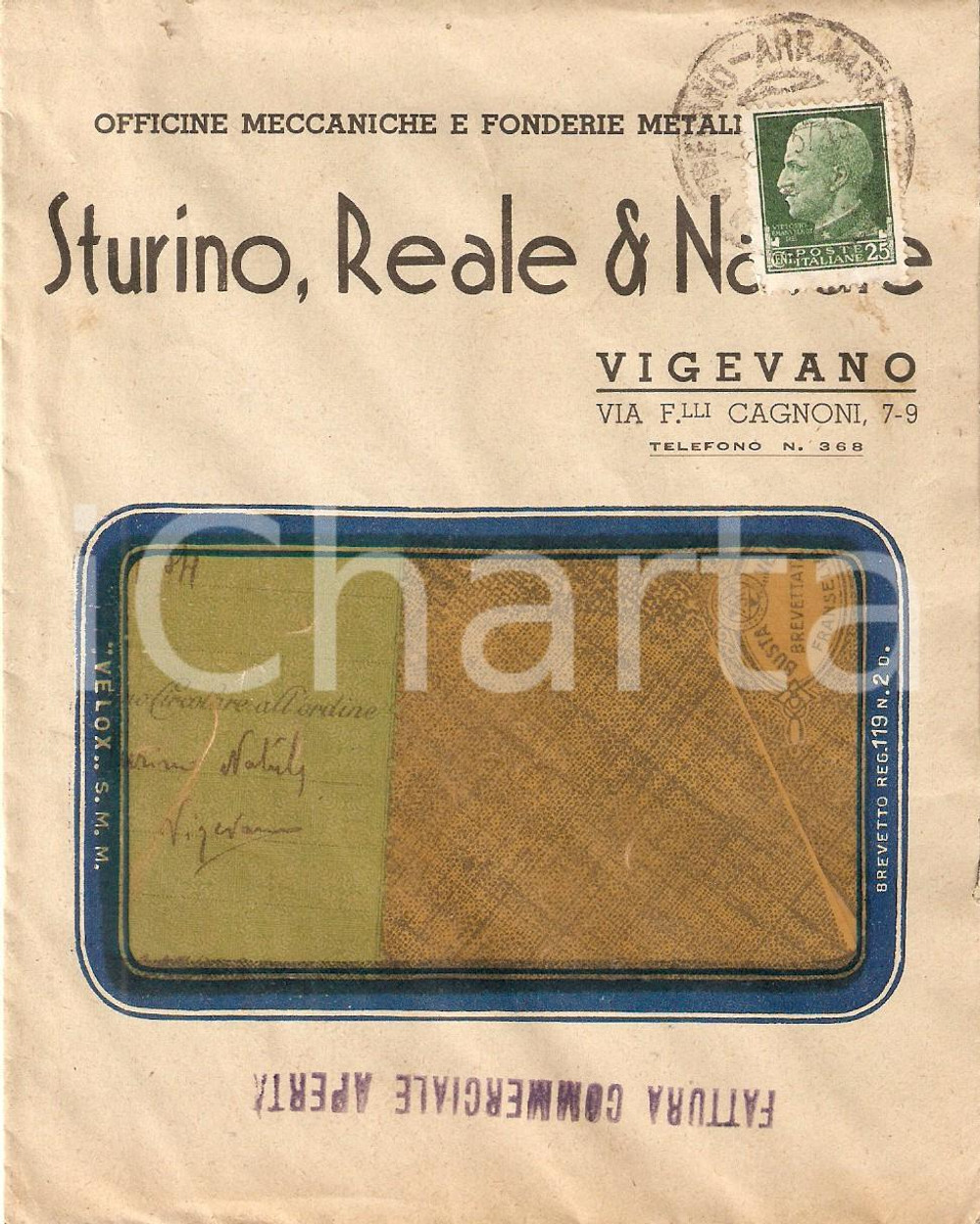 Oggetto da collezione cartaceo 1937 VIGEVANO PV Officine meccaniche STURINO E REALE Busta intestata VUOTA 1
