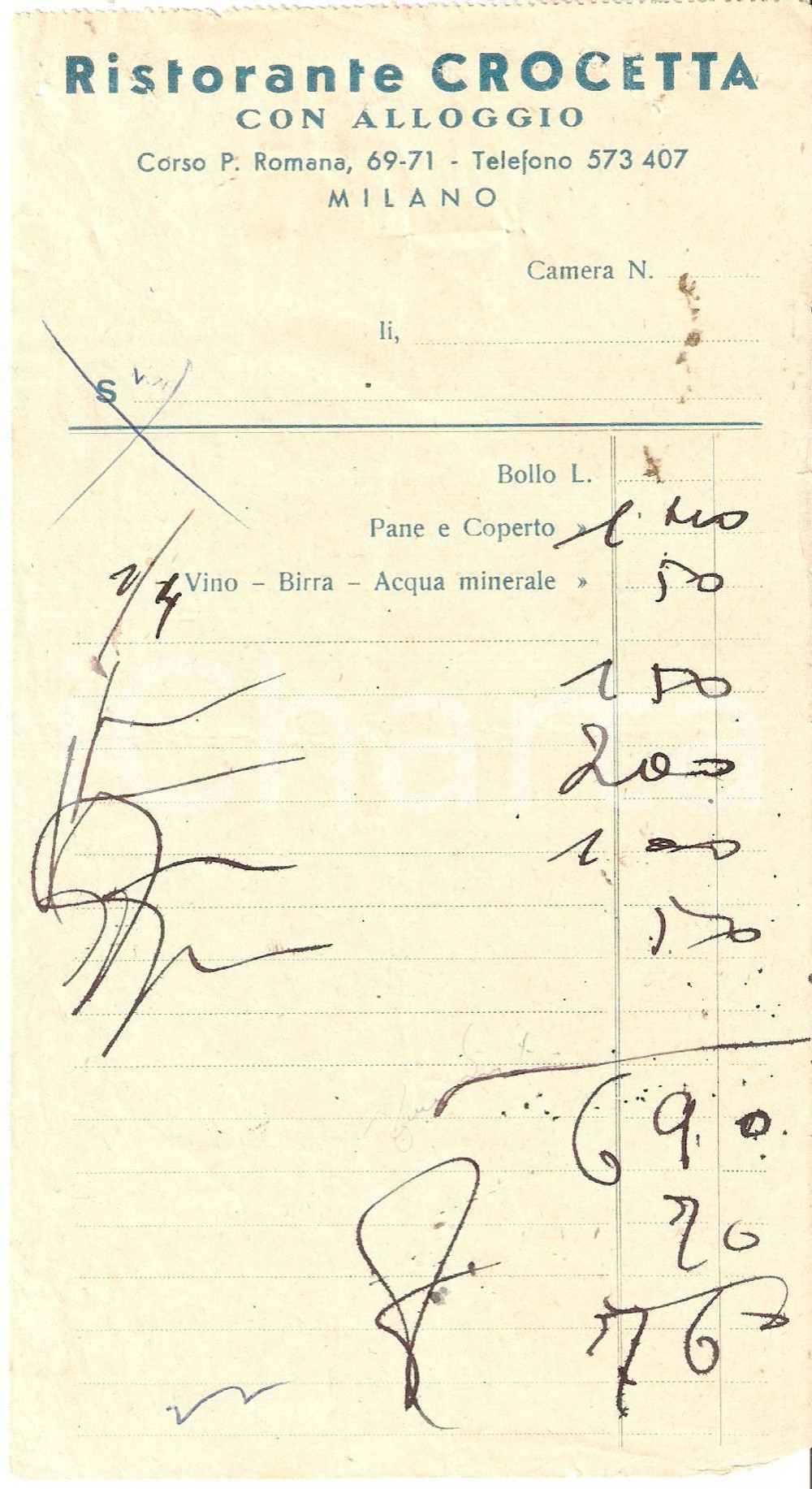 Documento originale, autentico 1940 ca MILANO Ristorante CROCETTA con alloggio Ricevuta 11x21 cm 1
