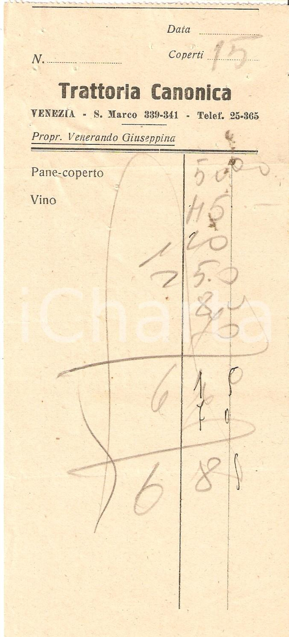 Documento originale, autentico 19340ca VENEZIA Trattoria CANONICA di Giuseppina VENERANDO Ricevuta 8x19 cm 1