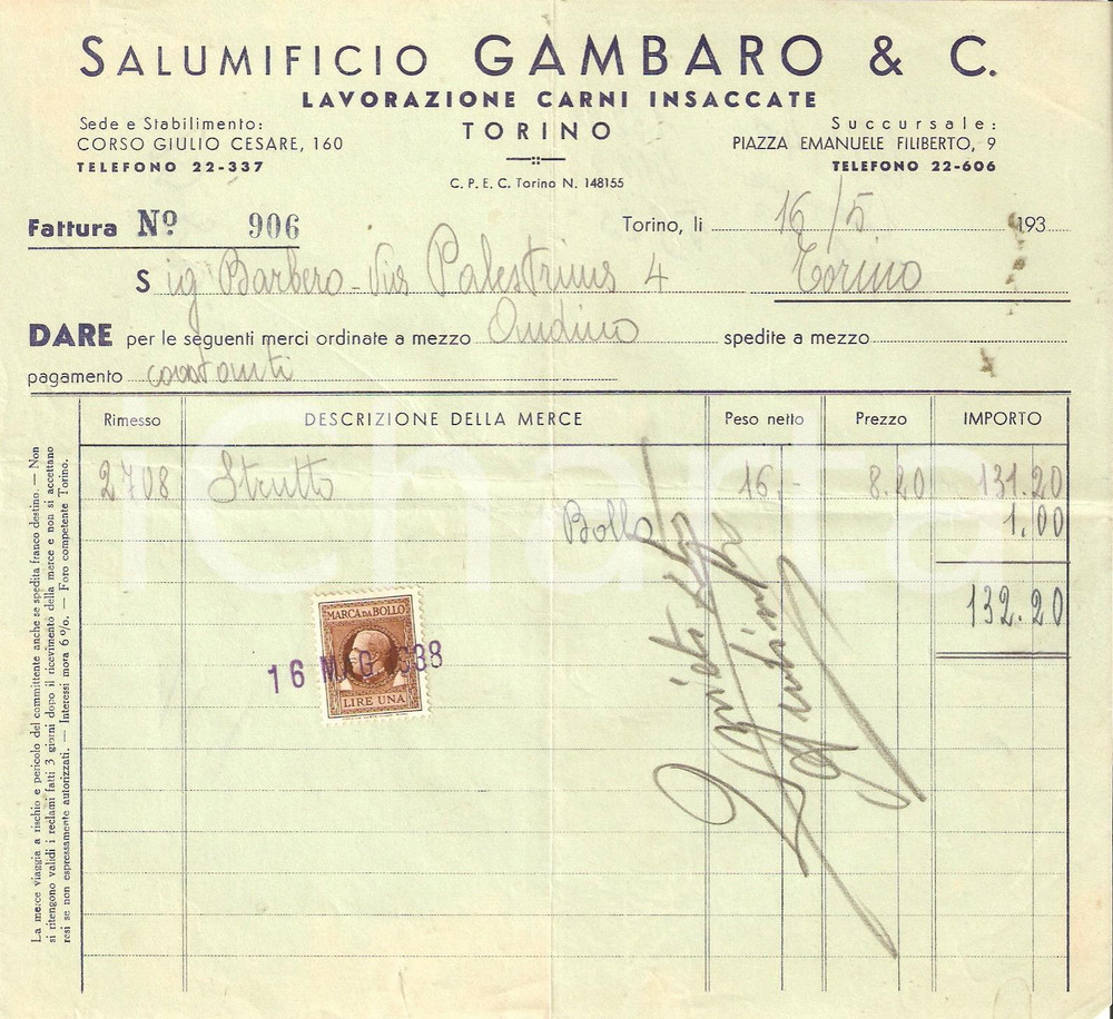 Documento originale, autentico 1938 TORINO Salumificio GAMBARO Lavorazione carni insaccate Fattura 20x18 1
