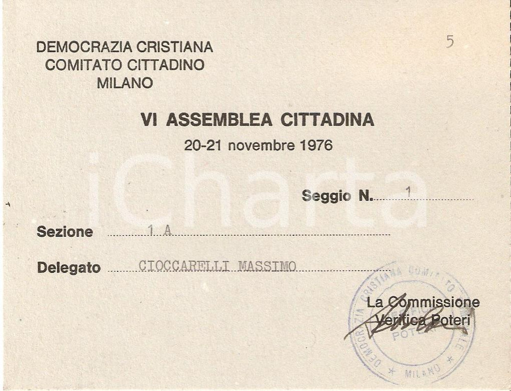 1976 MILANO Democrazia Cristiana DC Biglietto votazione VI Assemblea cittadina