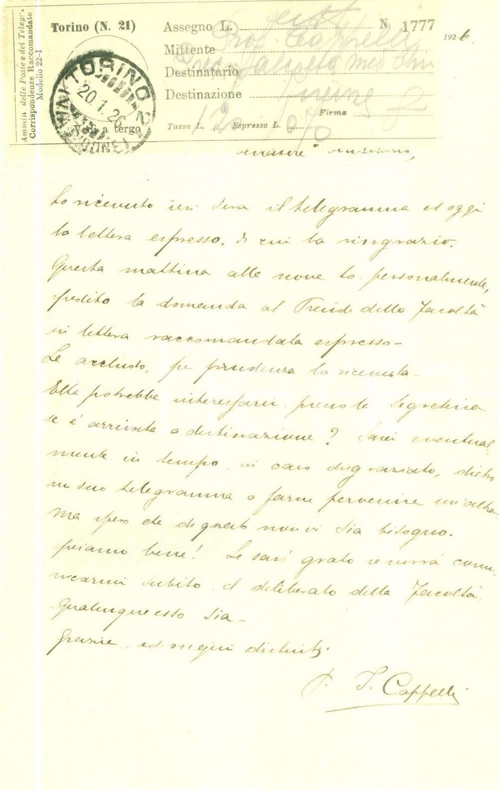 Autografo originale 1926 TORINO Clinica Dermosifilopatica Jader CAPPELLI domanda Facoltà  AUTOGRAFO 1