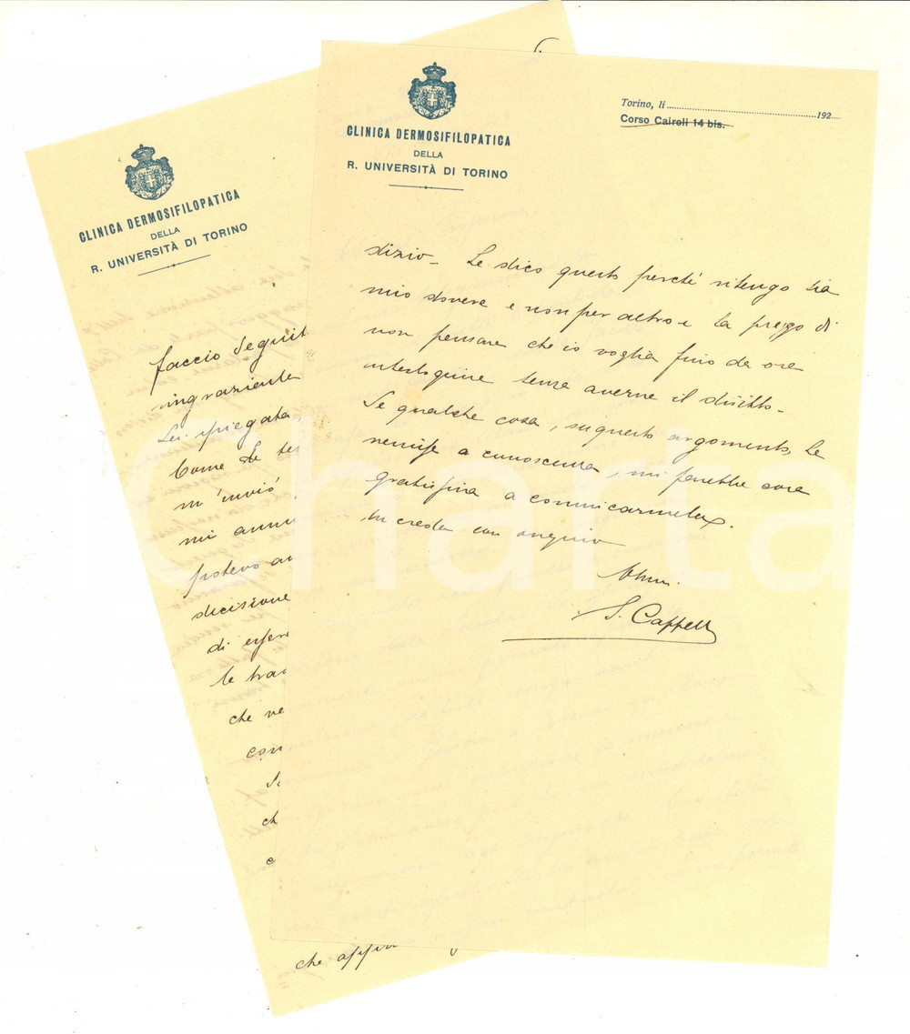 Autografo originale 1926 TORINO Jader CAPPELLI su Clinica Dermosifilopatica Lettera AUTOGRAFA 1