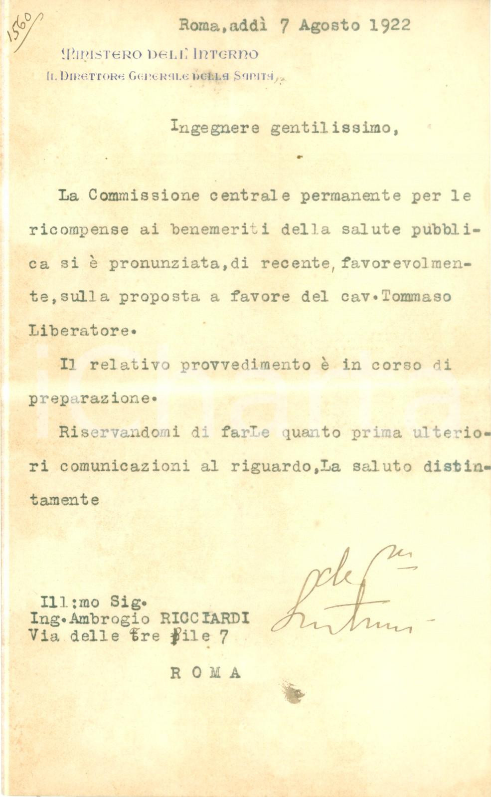 Autografo originale 1922 ROMA Alberto LUTRARIO su ricompensa a Tommaso LIBERATORE Lettera AUTOGRAFA 1