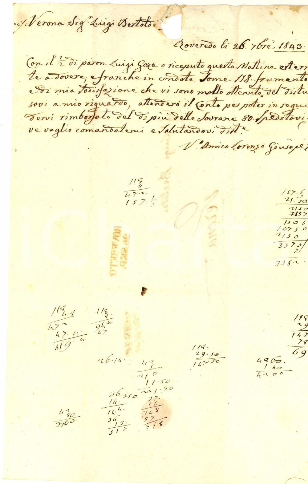 Manoscritto, lettera originale 1843 ROVERETO TN Lorenzo Giuseppe TOLOMEI riceve some di frumento buono 1