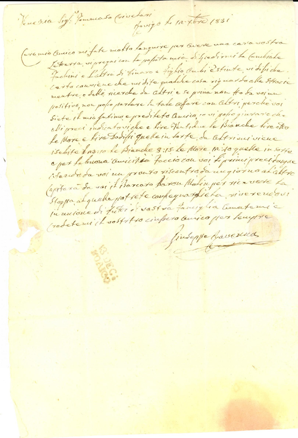 Manoscritto, lettera originale 1831 ROVIGO Giuseppe RAVENNA commercia in amicizia con Tommaso CRIVELLARI 1