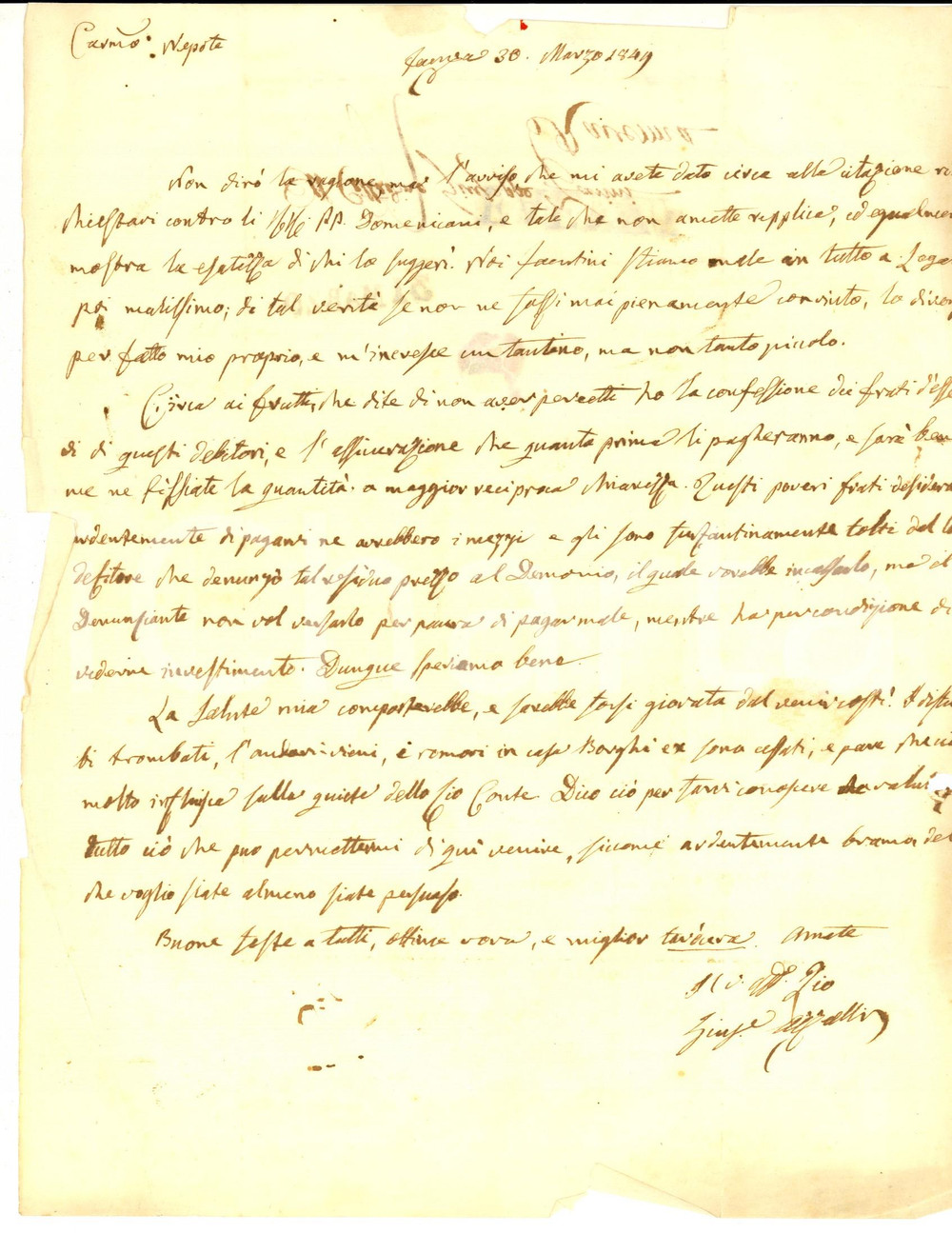 Manoscritto, lettera originale 1849 FAENZA I poveri frati pagherebbero se avessero i mezzi Giuseppe AZZALLI 1