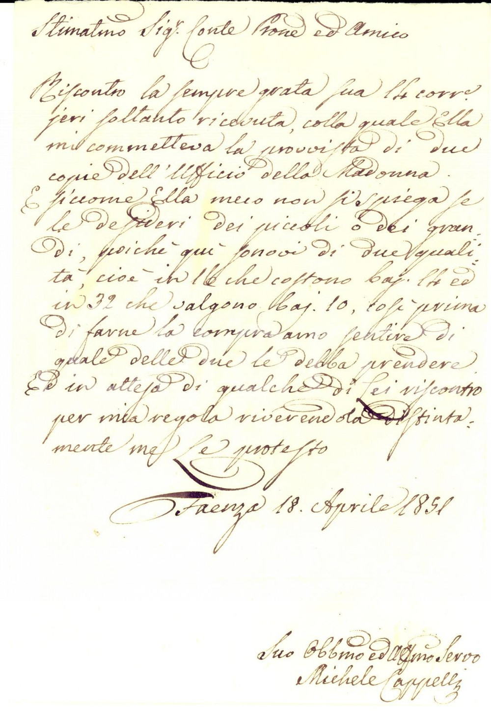 Manoscritto, lettera originale 1851 FAENZA Michele CAPPELLI ringrazia per Ufficio della Madonna Prefilatelica 1