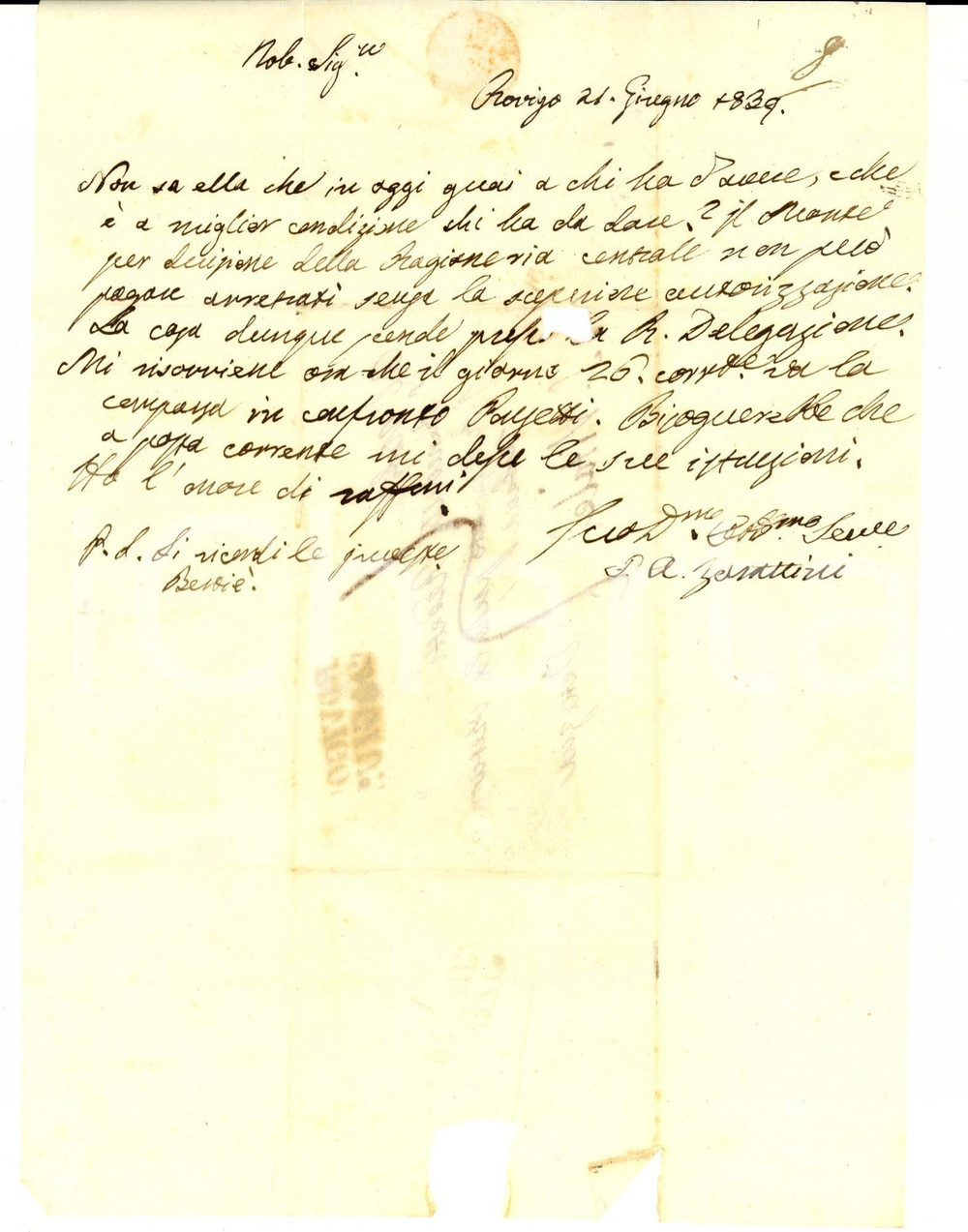 Manoscritto, lettera originale 1839 ROVIGO Lettera ZARATTINI a Benedetto REDETTI su saldo Monte di Pietà 1