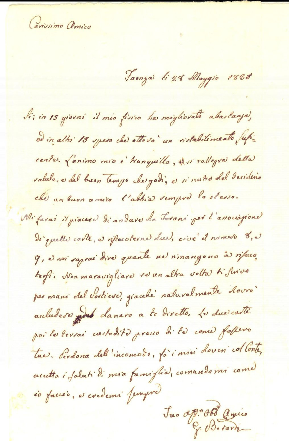 Manoscritto, lettera originale 1835 FAENZA L animo mio si rallegra del buon tempo di un amico Giacomo BERARDI 1