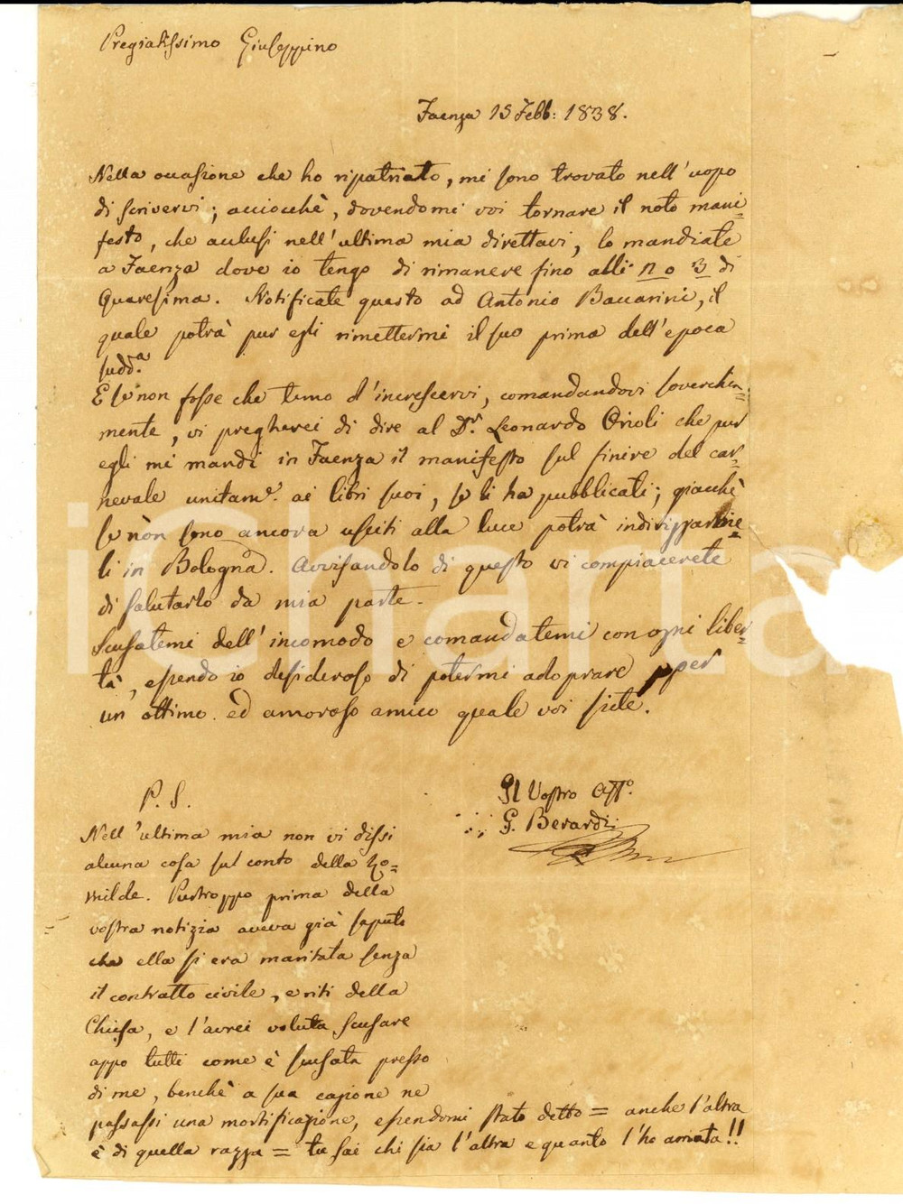 Manoscritto, lettera originale 1838 FAENZA RA Giacomo BERARDI sull amata Romilde maritata a un altro 1