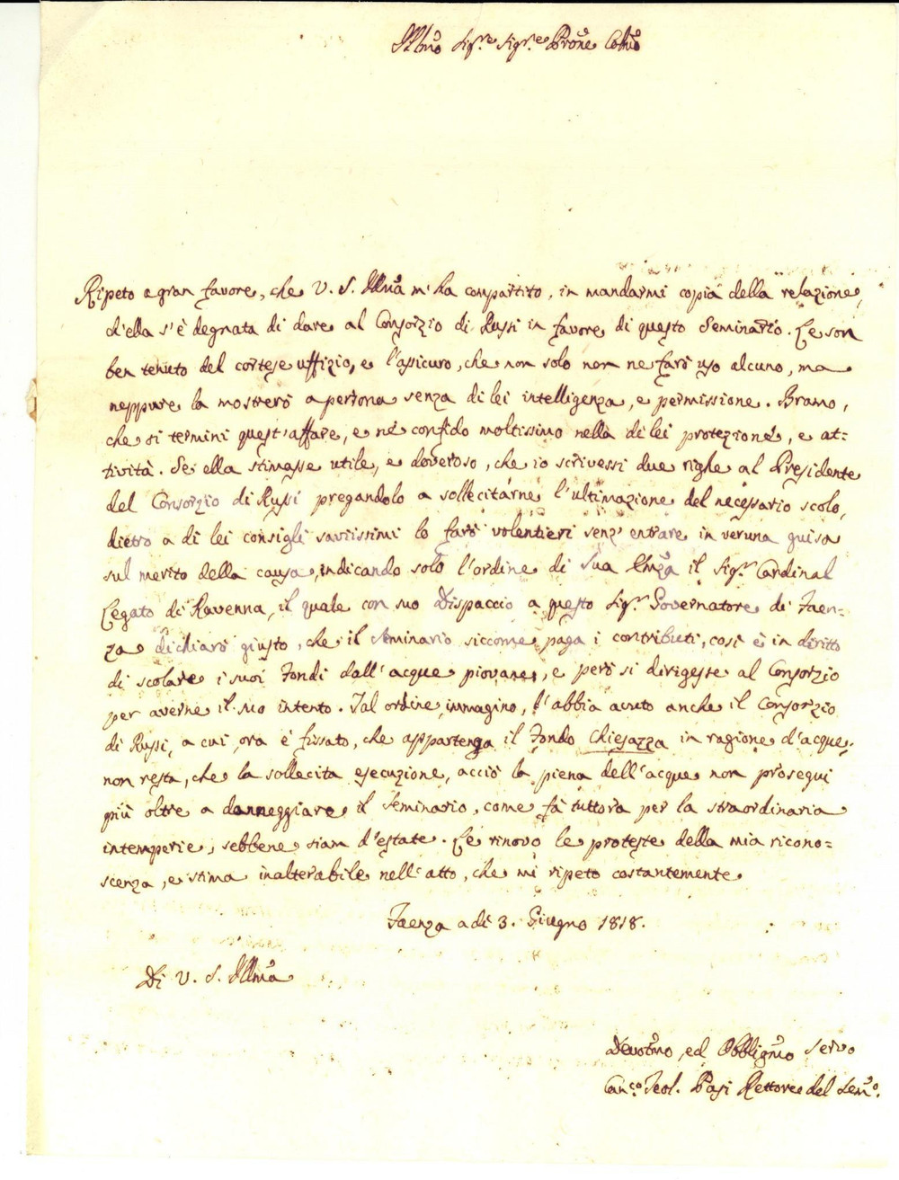 Manoscritto, lettera originale 1818 FAENZA Giovanni Battista PASI in lite per piena che danneggia il seminario 1