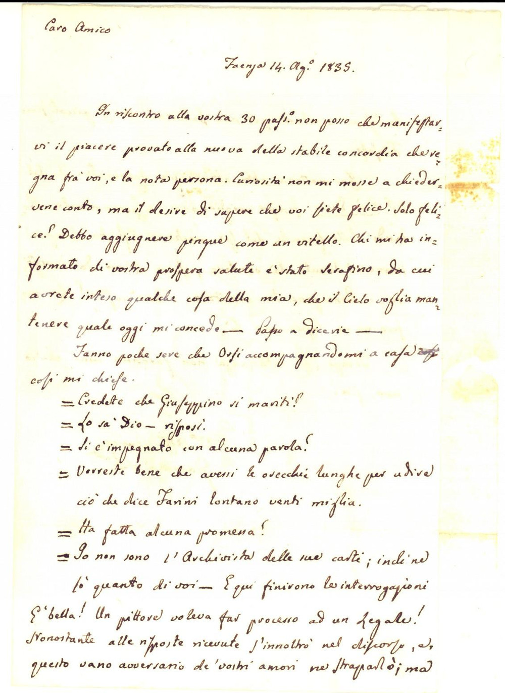 Manoscritto, lettera originale 1835 FAENZA RA Giacomo BERARDI felice per l amore di Giuseppe FARINI 1