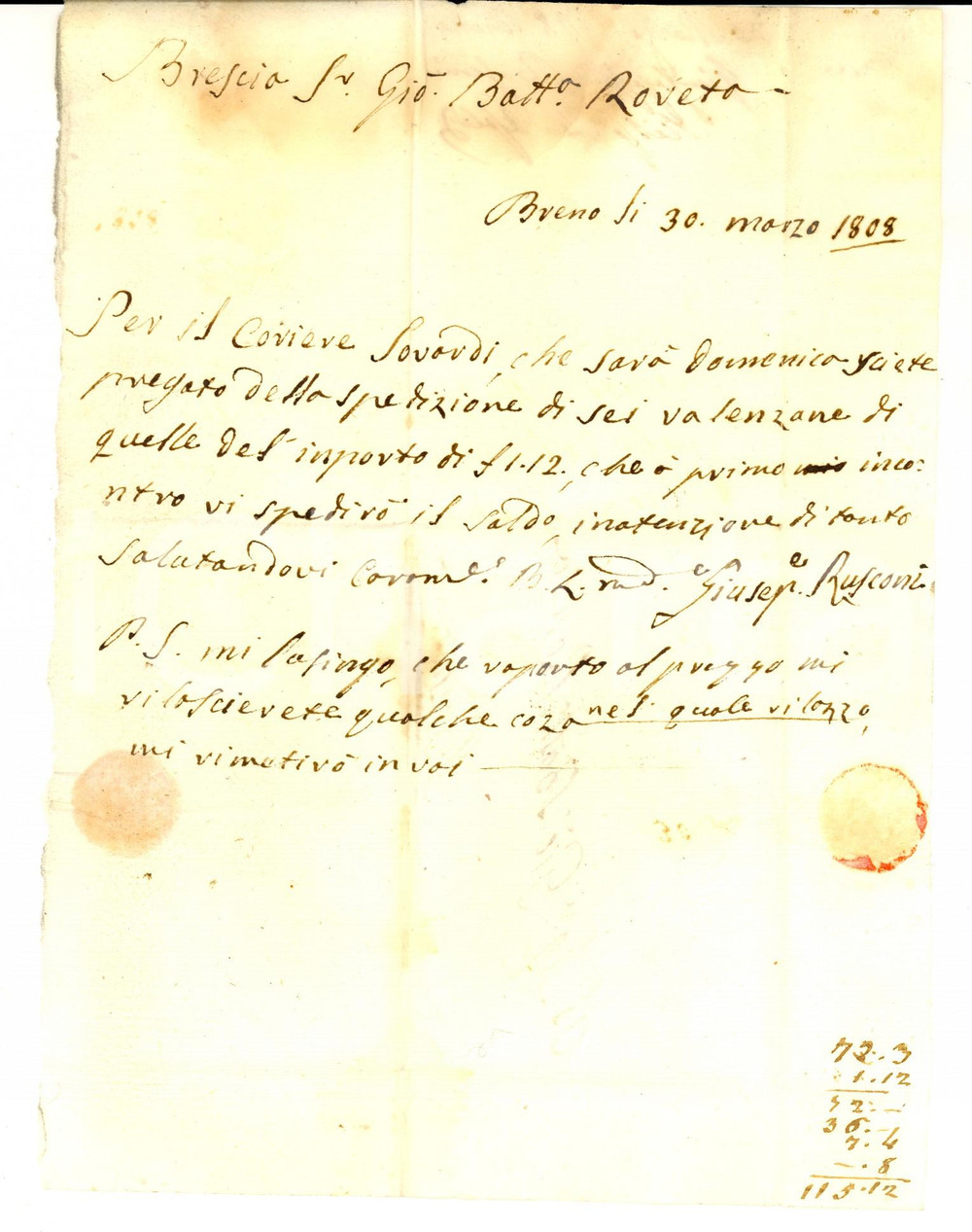 Manoscritto, lettera originale 1808 BRENO BS Giuseppe RUSCONI chiede spedizione di valenzane a ROVETTA 1