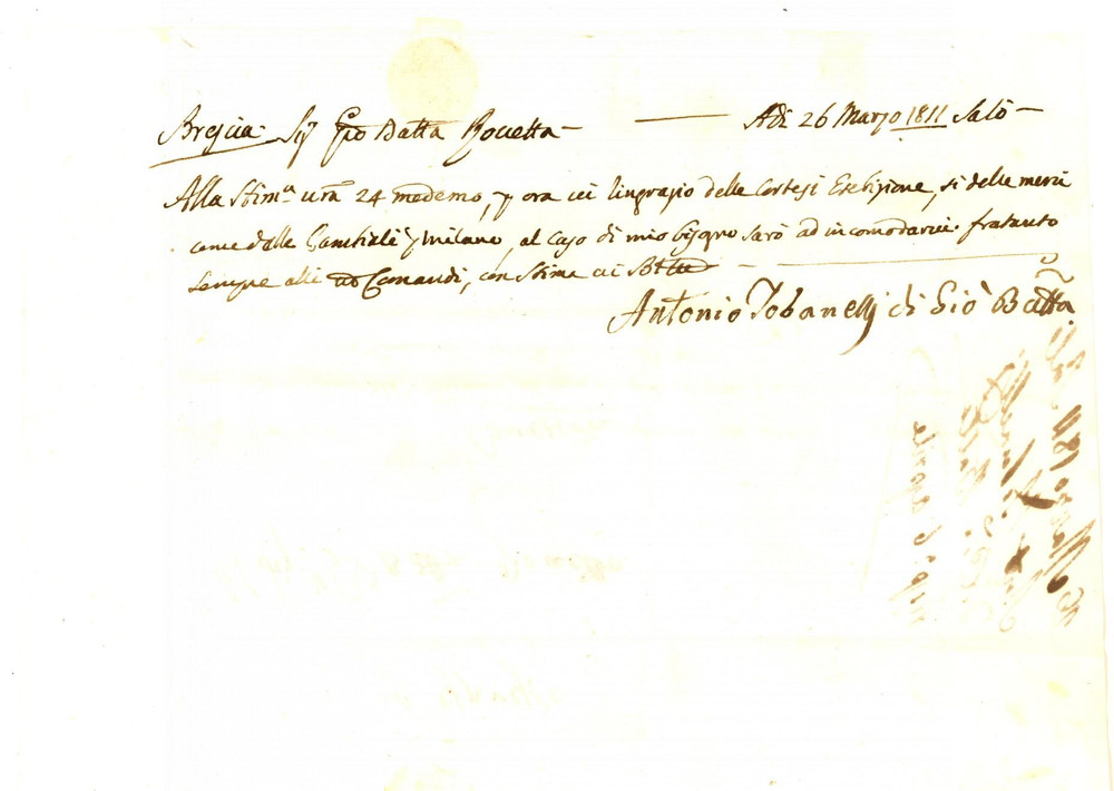 Manoscritto, lettera originale 1811 BRESCIA Antonio TOBANELLI ringrazia Giovanni Battista ROVETTA per cambiali 1