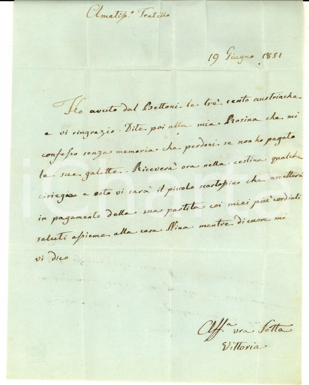 Manoscritto, lettera originale 1851 BRESCIA Vittoria GOFFI paga il fratello Giovanni Battista e invia ciliegie 1