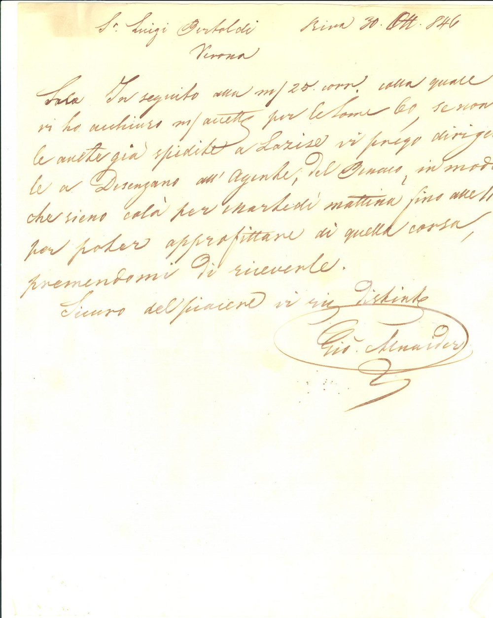 Manoscritto, lettera originale 1846 RIVA DEL GARDA Mugnaio Giovanni ALNAIDER ha premura per il frumento 1