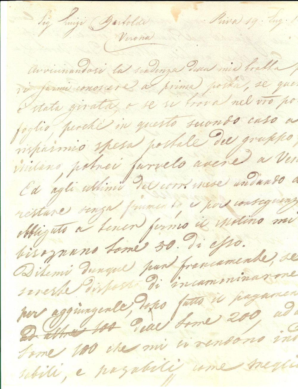 Manoscritto, lettera originale 1843 RIVA DEL GARDA Giovanni ALNAIDER chiede frumento per non chiudere il mulino 1