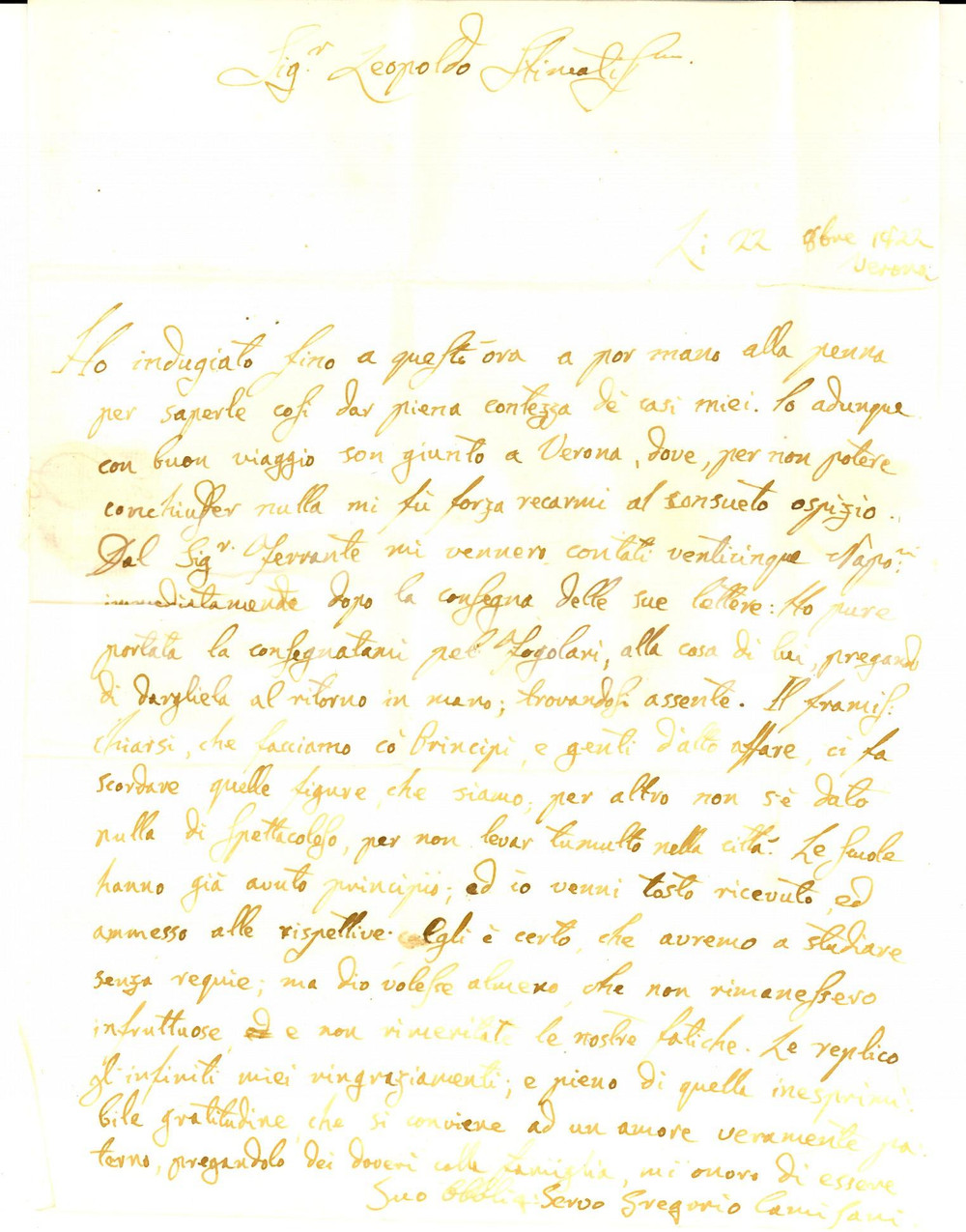 Manoscritto, lettera originale 1822 VERONA Avremo da studiare senza requie Prefilatelica Gregorio CAMISANI 1