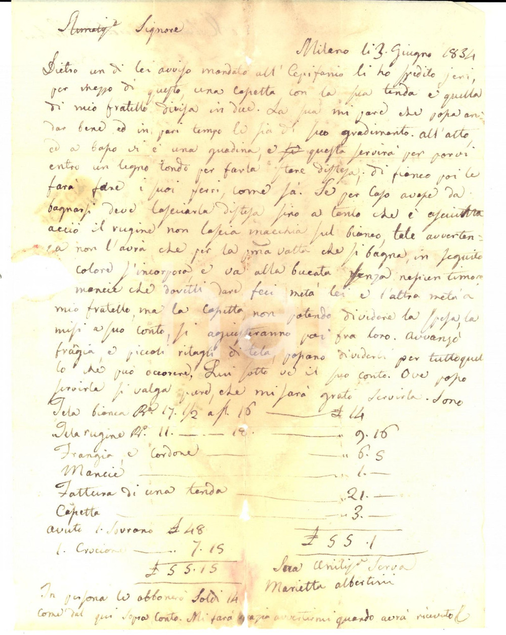 Manoscritto, lettera originale 1834 MILANO Marietta ALBERTINI invia conto per tenda e raccomandazioni stoffa 1