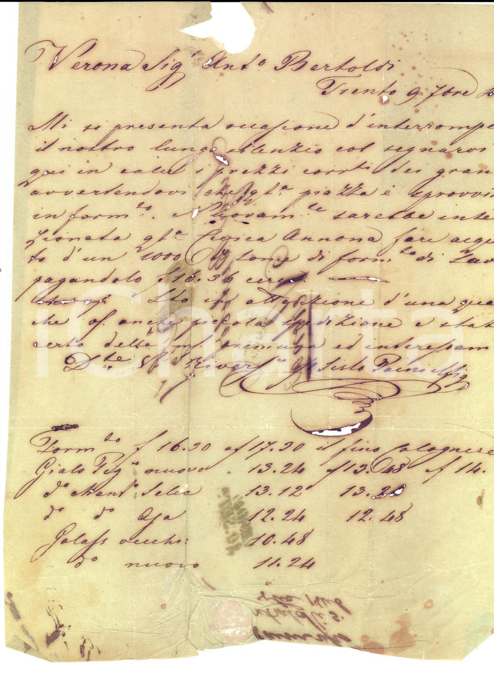 Manoscritto, lettera originale 1846 TRENTO Sisto PAINI comunica i prezzi correnti del grano a Luigi BERTOLDI 1