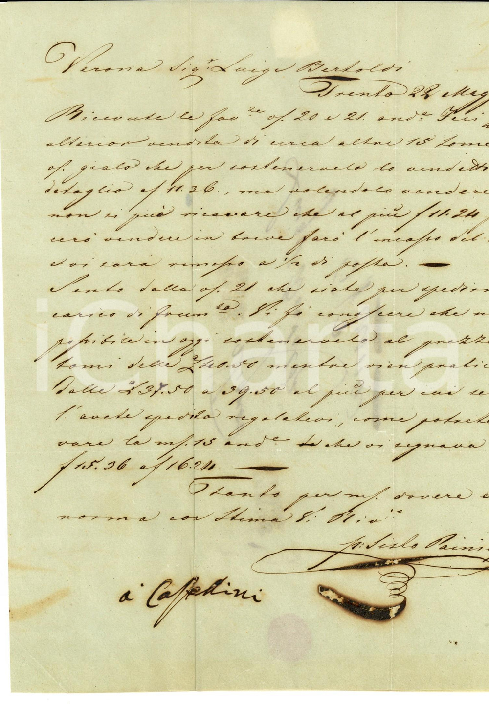 Manoscritto, lettera originale 1846 TRENTO Sisto PAINI contesta a Luigi BERTOLDI il prezzo del frumento 1