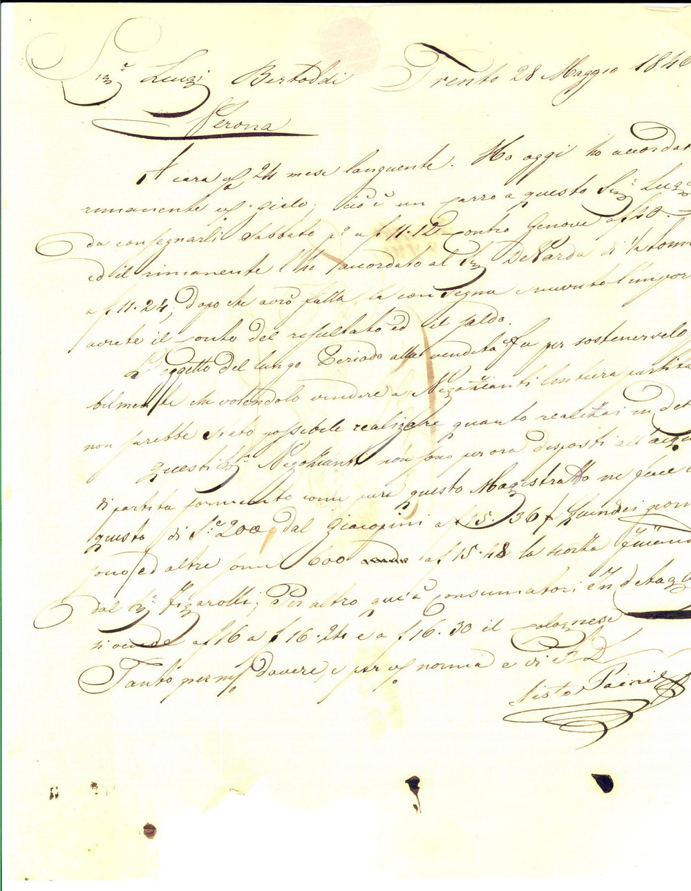 Manoscritto, lettera originale 1846 TRENTO Sisto PAINI non riesce a vendere grano ai negozianti Prefilatelica 1