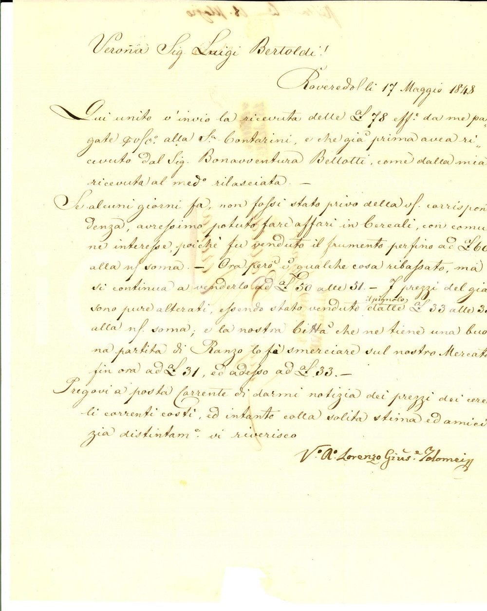 Manoscritto, lettera originale 1848 ROVERETO TN Lorenzo Giuseppe TOLOMEI sul ribasso dei prezzi del frumento 1
