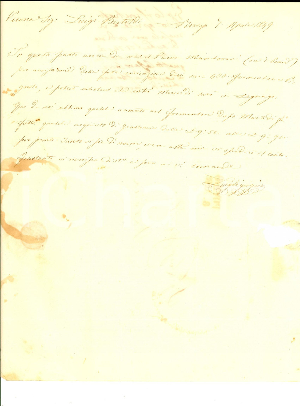 Manoscritto, lettera originale 1849 ROVIGO Luigi GIOLO annuncia un carico di formentone per Luigi BERTOLDI 1