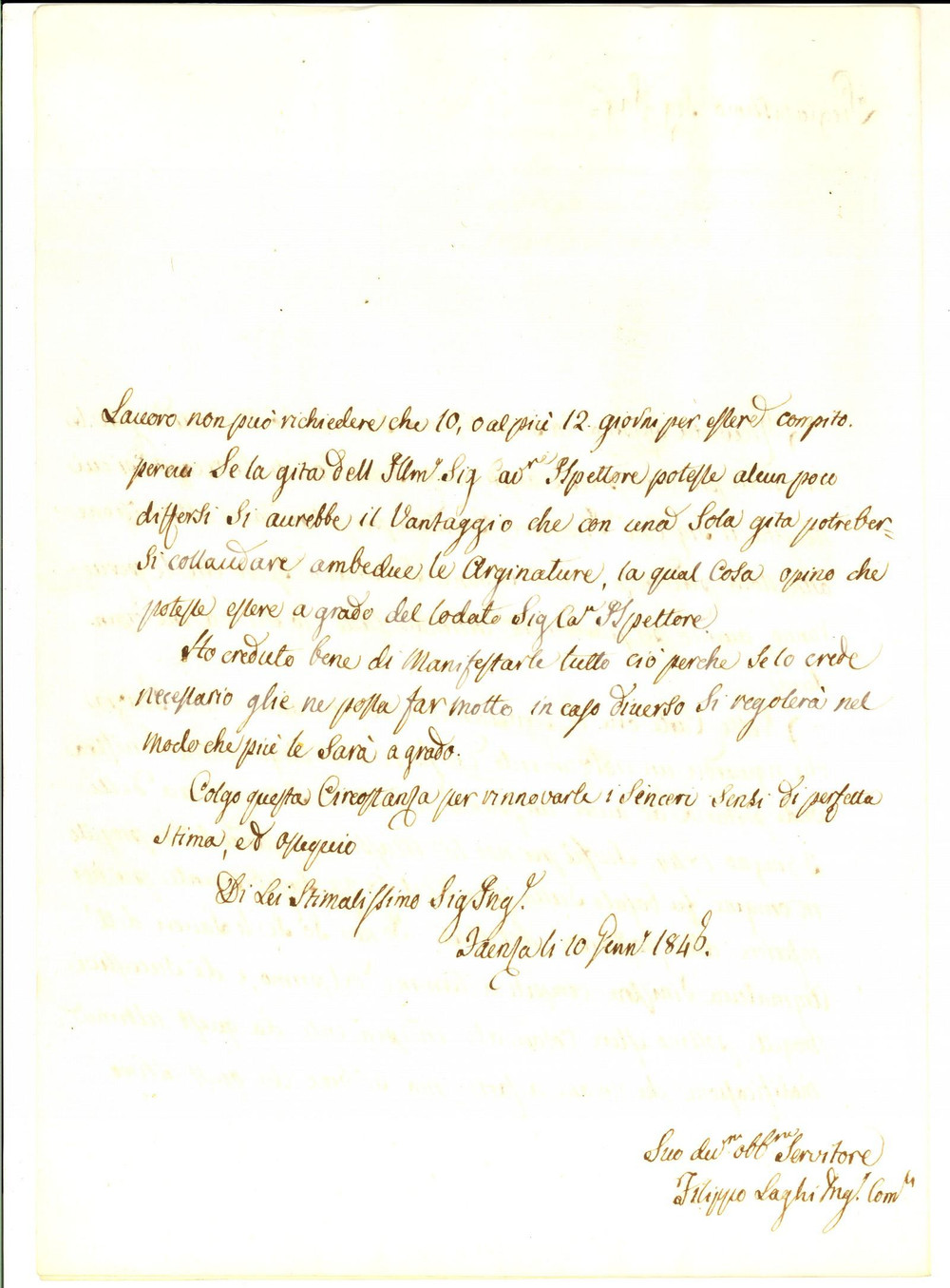 Manoscritto, lettera originale 1845 FAENZA Ing. Pio LAGHI richiede a Luigi ORIOLI lavoro urgente per arginatura 1