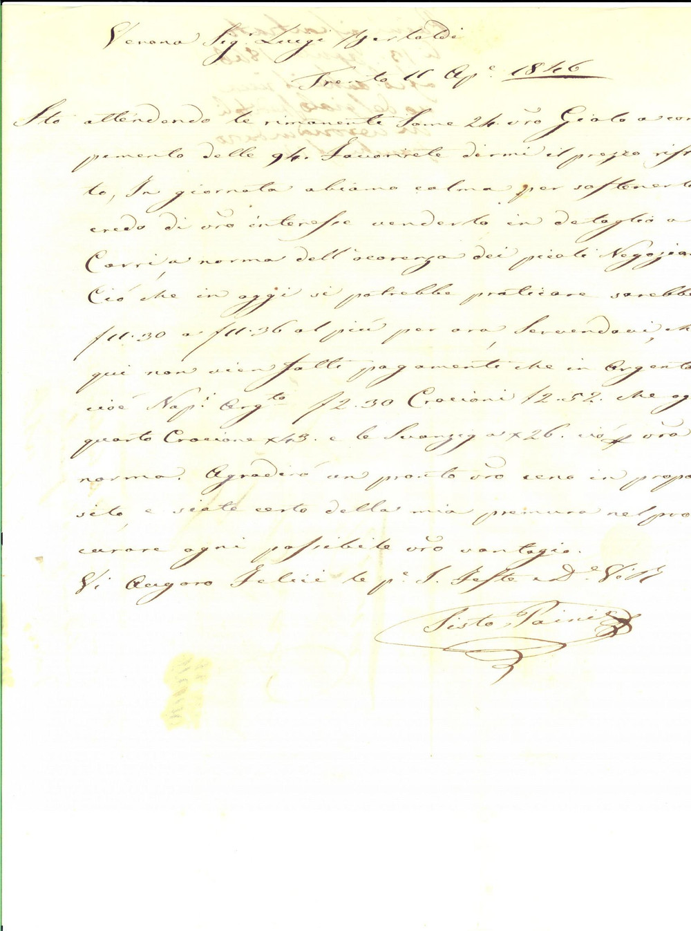 Manoscritto, lettera originale 1846 TRENTO Sisto PAINI consiglia la vendita del grano a carri Prefilatelica 1