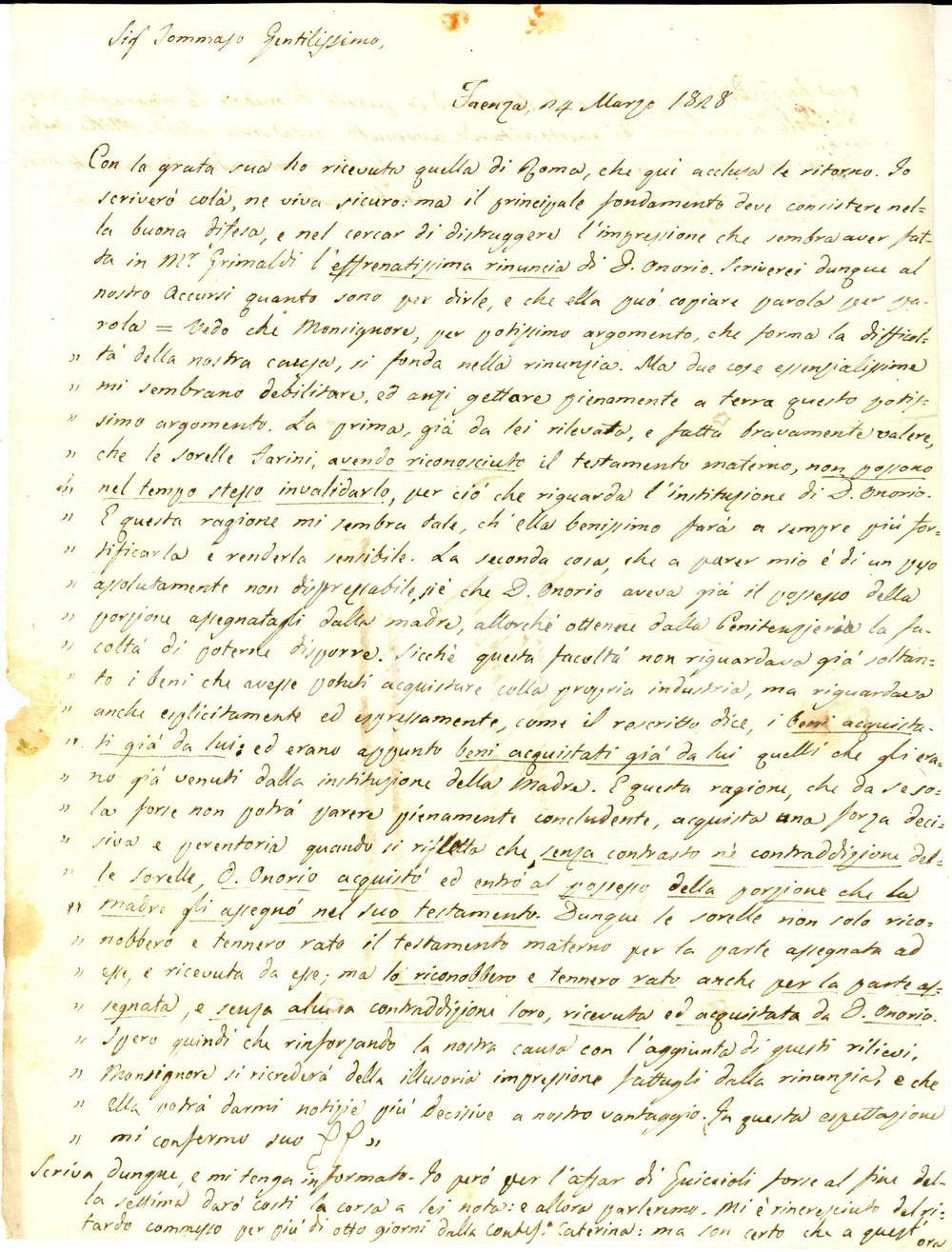 Manoscritto, lettera originale 1828 FAENZA Scrittore Clemente MICARA sull eredità dei nobili FARINI Lettera 1
