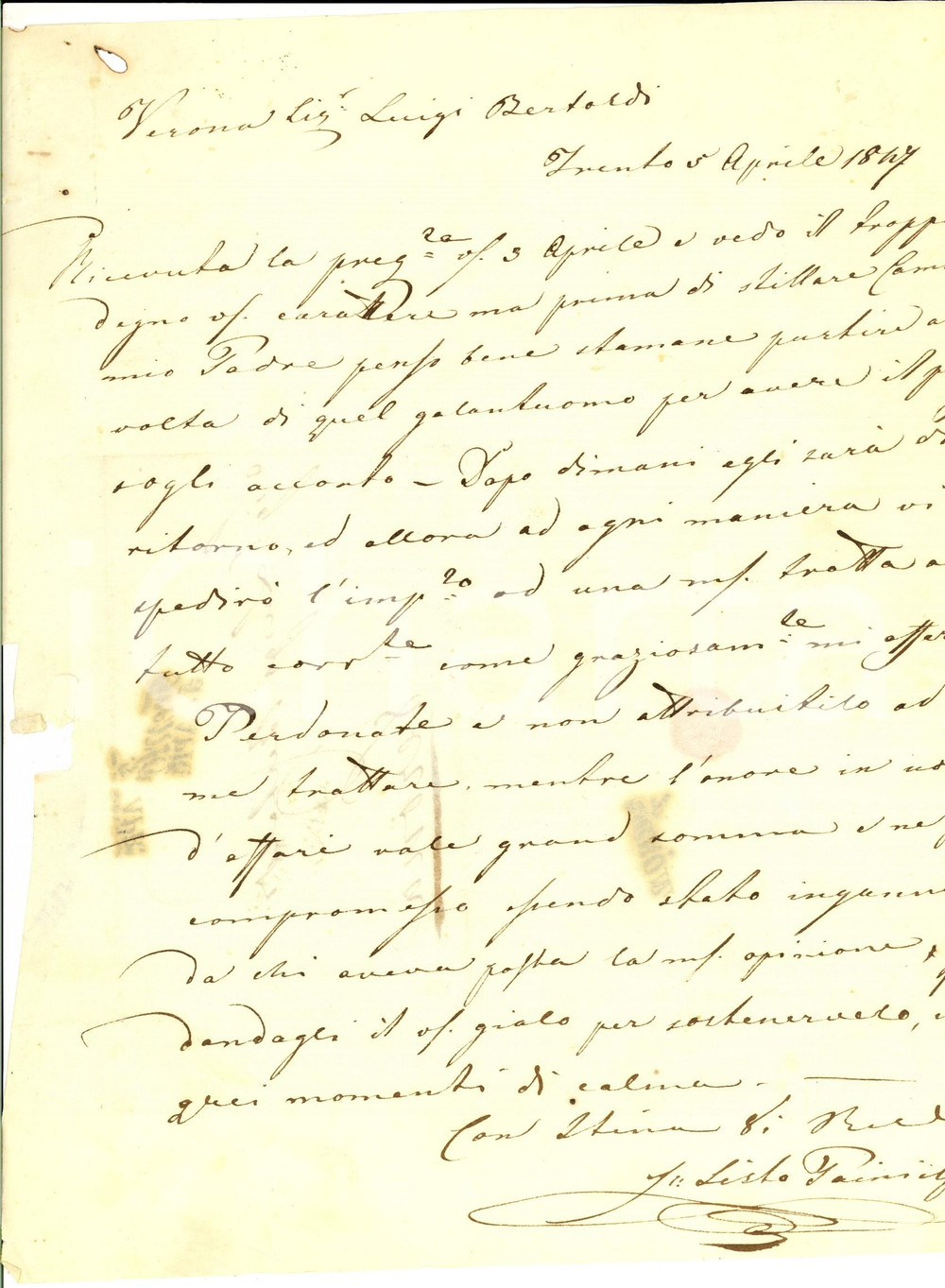 Manoscritto, lettera originale 1847 TRENTO L onore in uomo d affari vale gran somma Prefilatelica Sisto PAINI 1