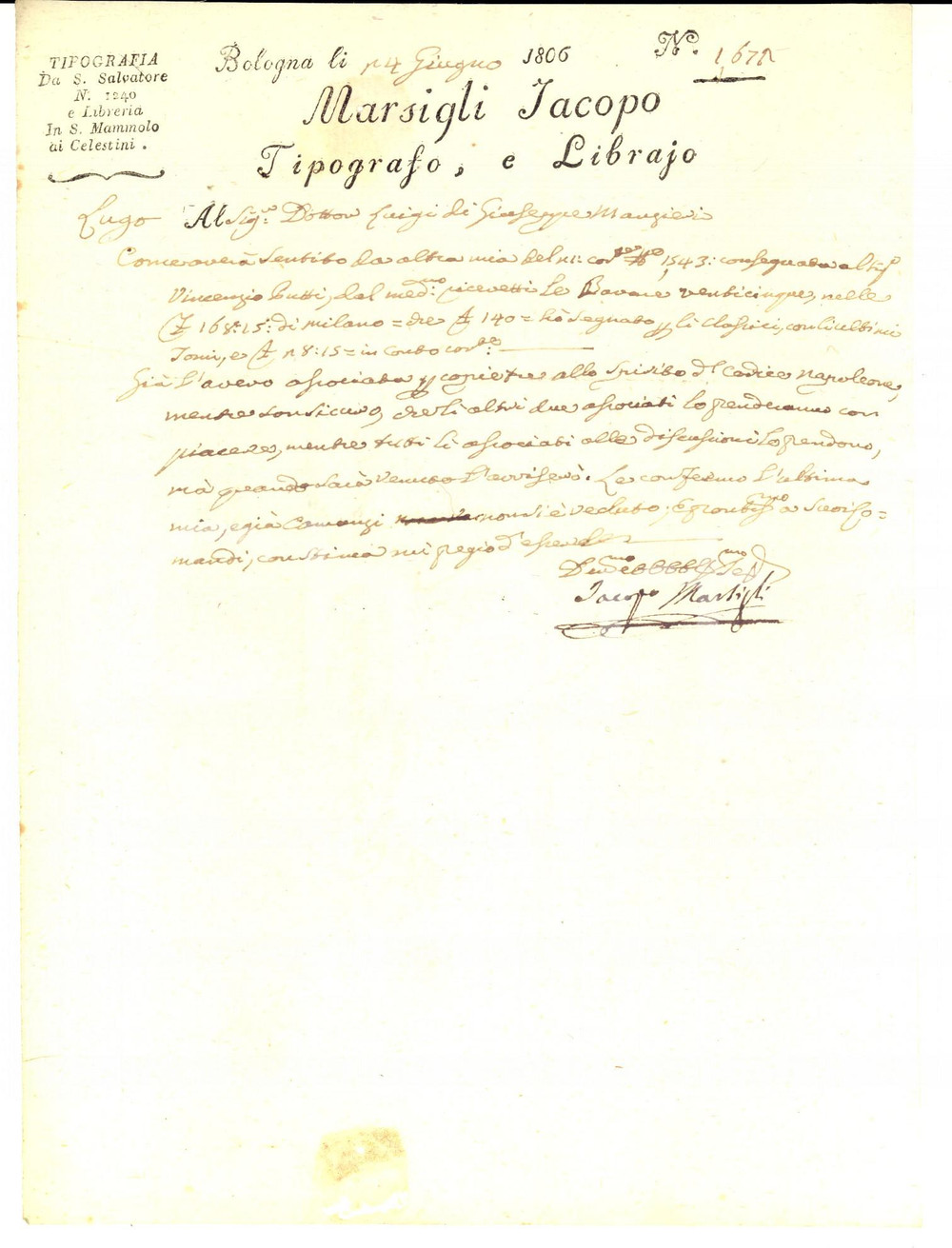 Manoscritto, lettera originale 1806 BOLOGNA Libraio Jacopo MARSIGLI su acquisto Spirito del codice Napoleone 1