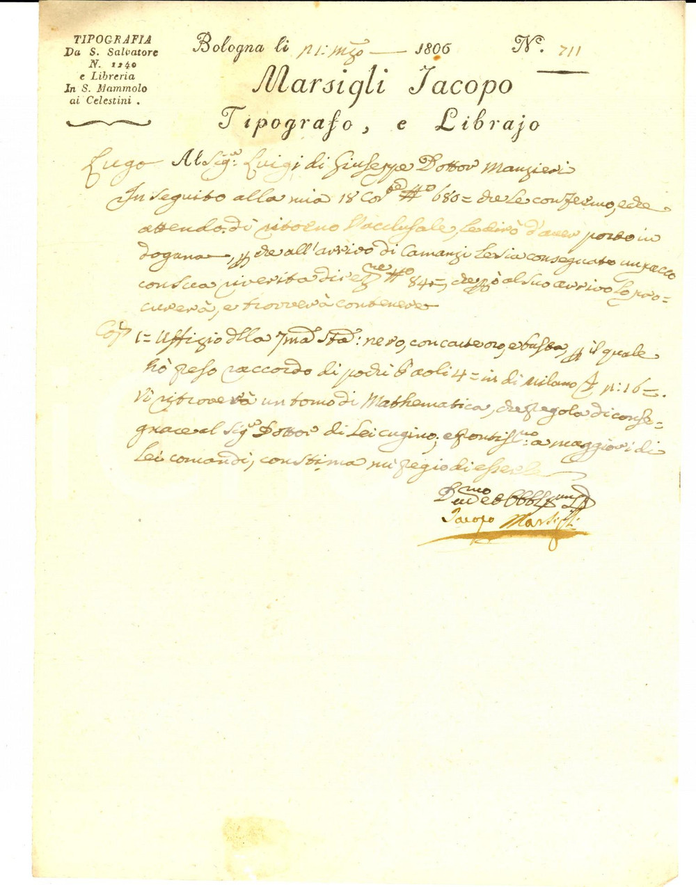 Manoscritto, lettera originale 1806 BOLOGNA Libraio Jacopo MARSIGLI invia libro di matematica a Luigi MANZIERI 1