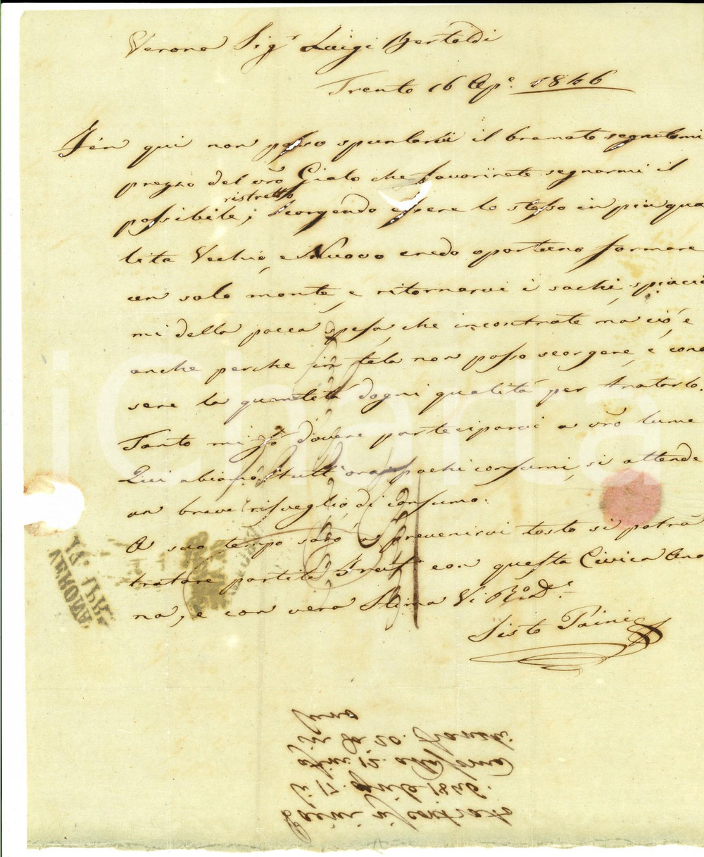 Manoscritto, lettera originale 1846 TRENTO Sisto PAINI restituisce sacchi di frumento vecchio Prefilatelica 1