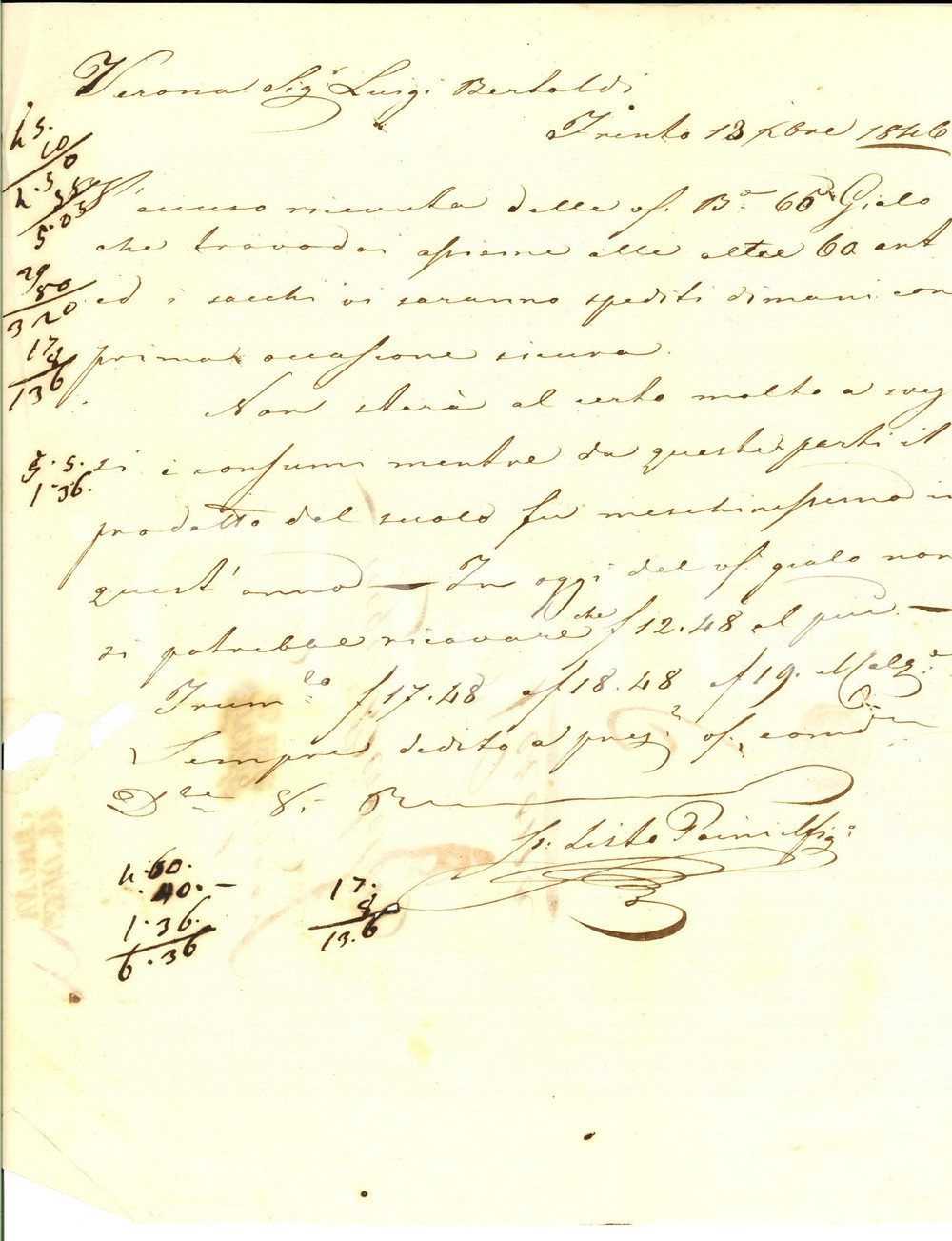 Manoscritto, lettera originale 1846 TRENTO Sisto PAINI e il meschinissimo prodotto del suoloPrefilatelica 1