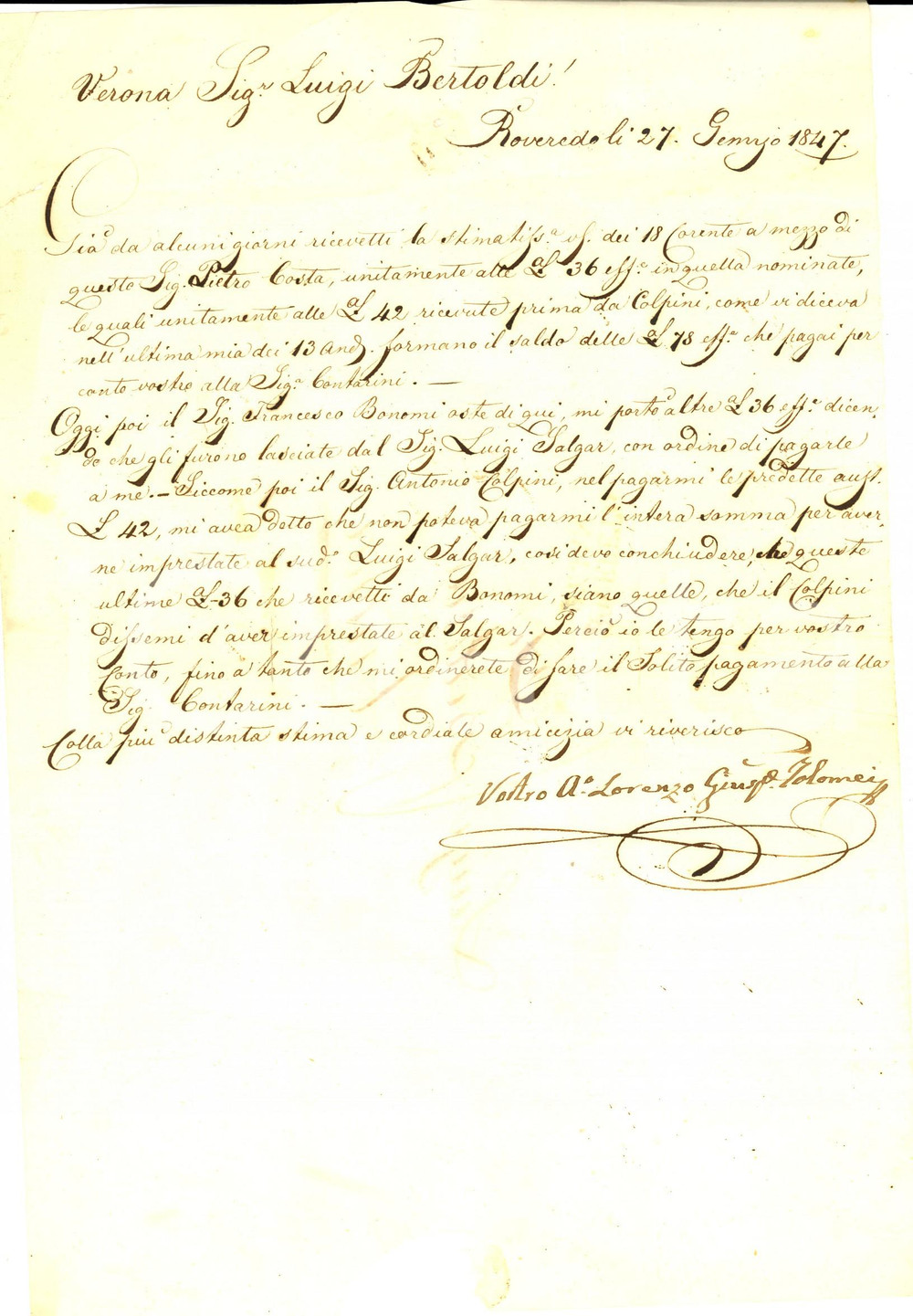 Manoscritto, lettera originale 1847 ROVERETO Lorenzo Giuseppe TOLOMEI riceve saldo da oste Francesco BONOMI 1